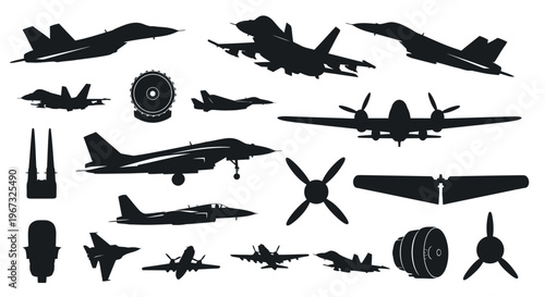 Collection of various aircraft and airplane parts silhouettes.