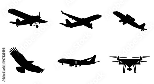 Silhouettes of various flying objects including airplanes, drones, and an eagle.