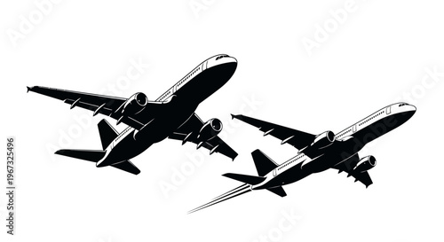Two airplanes in flight, black and white illustration.