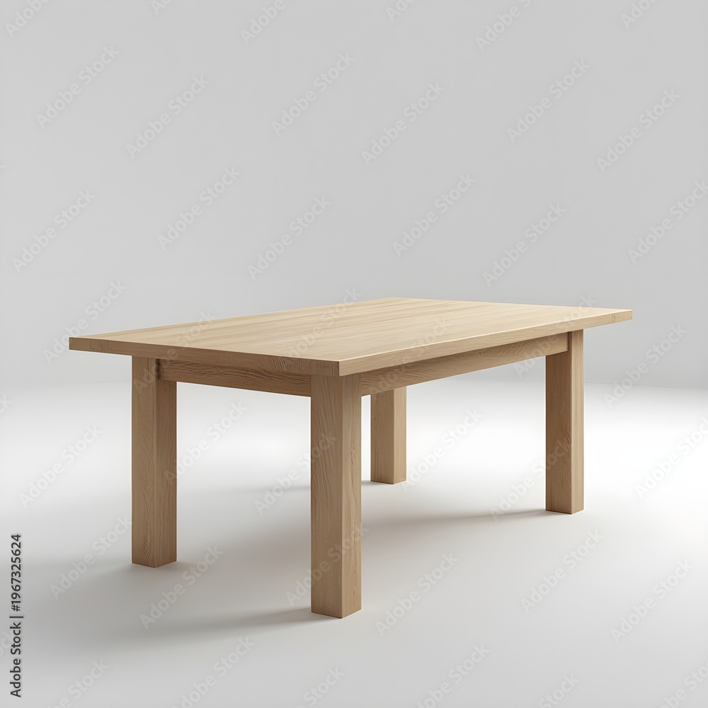 Fototapeta premium A side-profile view of a modern wooden dining table showcasing its long, clean lines and smooth finish. The lighting is bright and even, highlighting the natural grain of the wood.