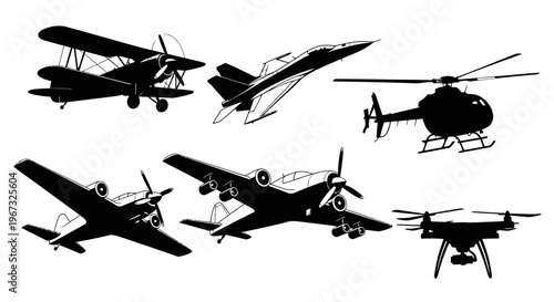 Collection of various aircraft silhouettes including biplane, jet, helicopter, propeller planes, and drone.