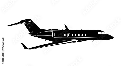Sleek private jet silhouette flying through the sky.