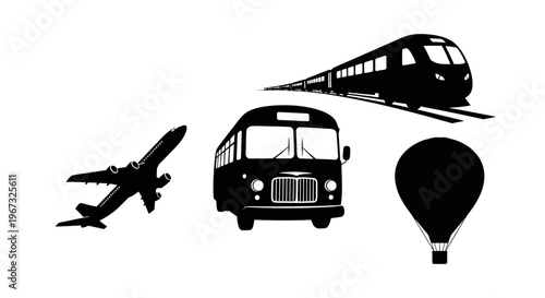 Various modes of transportation including airplane, bus, train, and hot air balloon.