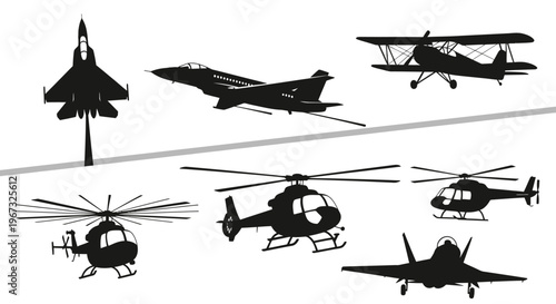 Collection of various aircraft silhouettes including jets, biplanes, and helicopters.