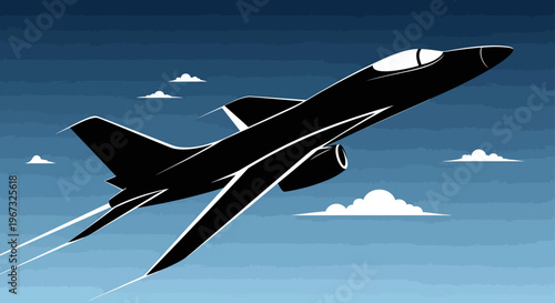 Sleek jet aircraft soaring through the blue sky with clouds.