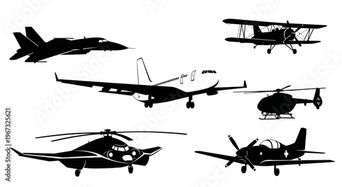 Collection of various aircraft silhouettes including jets, biplanes, helicopters, and propeller planes.