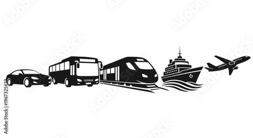 Various modes of transportation in a row.