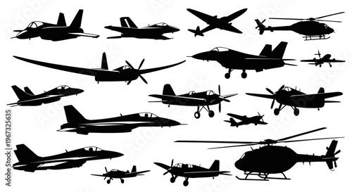 Collection of various aircraft silhouettes including jets, helicopters, and propeller planes.