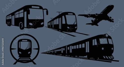 Various modes of transportation including bus, train, and airplane silhouettes.