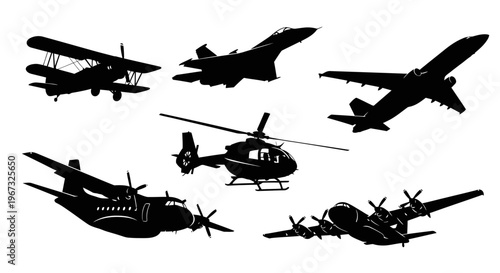 Collection of various aircraft silhouettes including planes and helicopters.