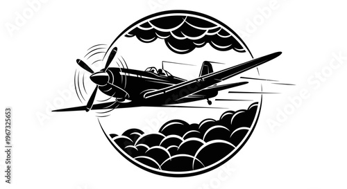 Vintage airplane flying through clouds in a circular frame.