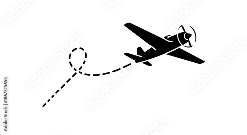 Small airplane flying with a dotted line showing its flight path.