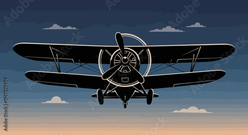 Vintage Biplane Flying in the Sky at Sunset.