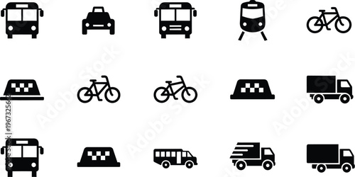 Collection of Diverse Transportation Icons Including Cars, Taxis, Buses, Trains, and Bicycles for Various Uses
