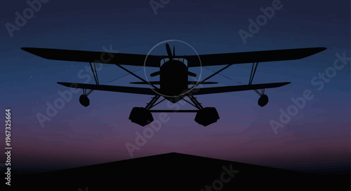 Small plane landing at dusk with a beautiful sky.