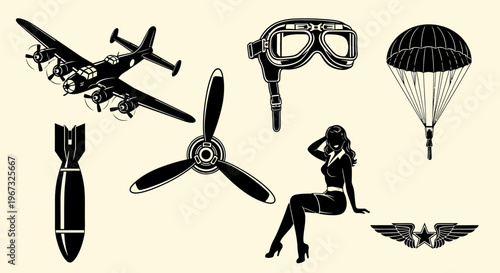 Vintage Aviation Elements Collection with Airplane Pilot Goggles Pin-up Girl Parachute Bomb Propeller Wings.