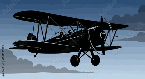 Vintage Biplane Silhouette Flying in the Sky.