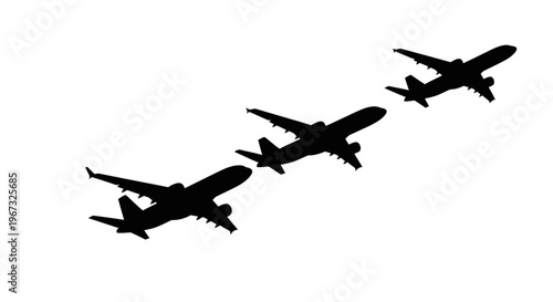 Three airplanes flying in formation, isolated on a white background.