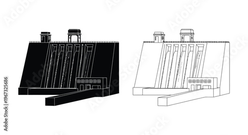 Architectural rendering of a concrete dam structure black and white silhouette