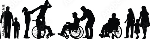 Inclusive silhouettes of diverse people, wheelchair users, caregivers, seniors, children, accessibility, disability support, healthcare, equality, community, social connection illustration
