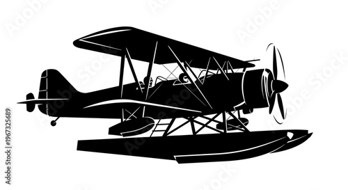 Vintage Biplane Seaplane Silhouette Flying.