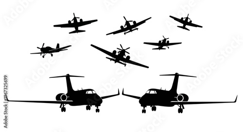 Collection of various aircraft silhouettes including propeller planes and private jets flying in different directions.