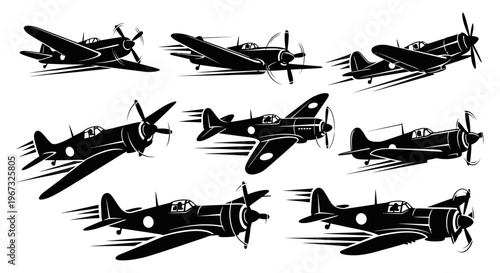 Vintage World War II Fighter Planes Silhouettes Collection.