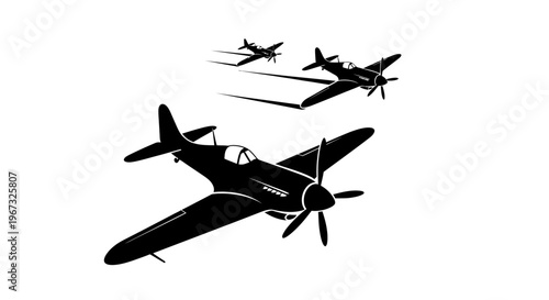 Vintage World War II Fighter Planes Flying in Formation.