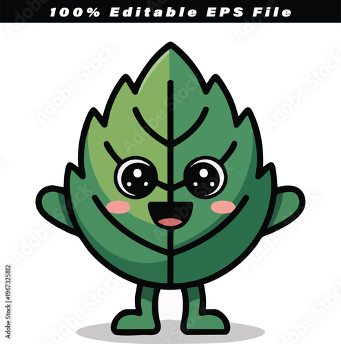 Leaf character illustration standing cheerfully with wide eyes and a happy smile, symbolizing organic growth and the natural freshness of plants, perfect for ecological themes and healthy lifestyle.