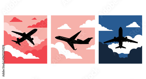 Three airplanes flying through the sky with clouds in different color schemes.