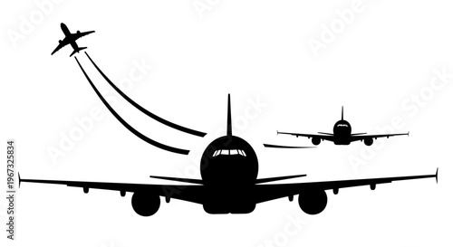 Three airplanes in flight, one in the foreground, two in the background, with one leaving a trail.