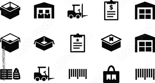 Comprehensive collection of logistics and warehousing management icons, depicting supply chain operations, inventory, and delivery processes
