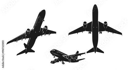 Three airplanes in silhouette against a white background, depicting various flight stages.