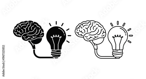 Brain and lightbulb concepts displayed in contrasting black and white silhouette