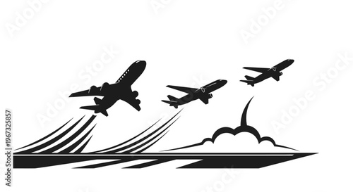 Three airplanes taking off into the sky, creating a dynamic and powerful visual.