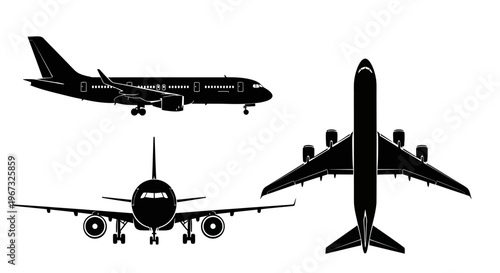 Three detailed black silhouettes of airplanes from different perspectives.