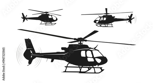 Three detailed helicopter silhouettes in various flight positions.
