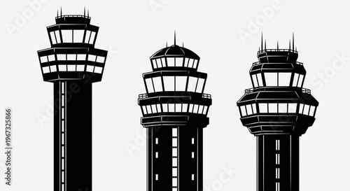 Three distinct air traffic control towers silhouetted against a light background.