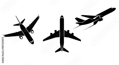Three black airplane silhouettes in various flight positions.