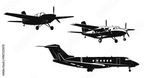 Three distinct aircraft silhouettes in flight, showcasing various airplane designs.