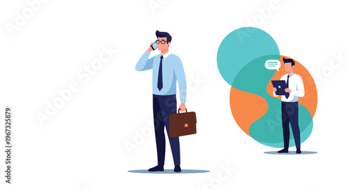 Successful businessman talking on the phone while holding a briefcase and his colleague using a digital tablet on the side.