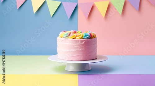 Celebration for a Babys First Birthday With a Decorated Cake and Colorful Bac...