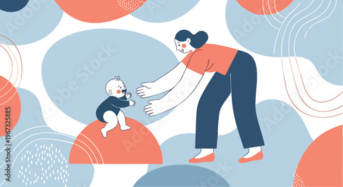 Joyful moment between a caring mother and her playful baby, depicting early childhood development and family bonding in a minimalist illustration.