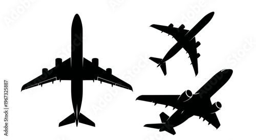 Three distinct airplane silhouettes captured from various aerial perspectives against a clean white background.