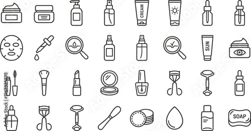 A set of black line icons depicting various beauty and skincare products