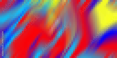 Energetic abstract background with pixelated swirls of vivid red bright blue yellow and magenta creating a lively and dynamic visual composition