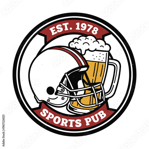 Sports pub logo with an American football helmet and a frothy beer mug vector illustration.
