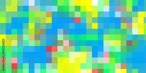 Geometric pixelated background with a fresh spring palette of green yellow and blue squares creating a clean modern abstract design