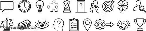 A set of various business and conceptual icons in black line art