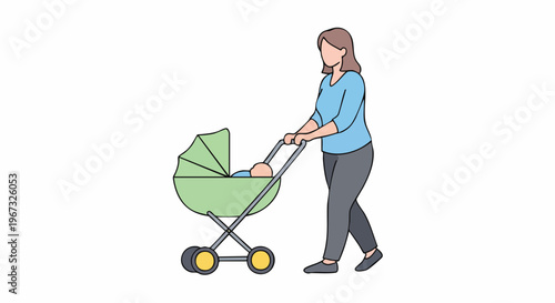 Happy young mother pushing baby stroller with infant child. Parenthood, childcare, and family concept. Flat vector illustration isolated on white background.